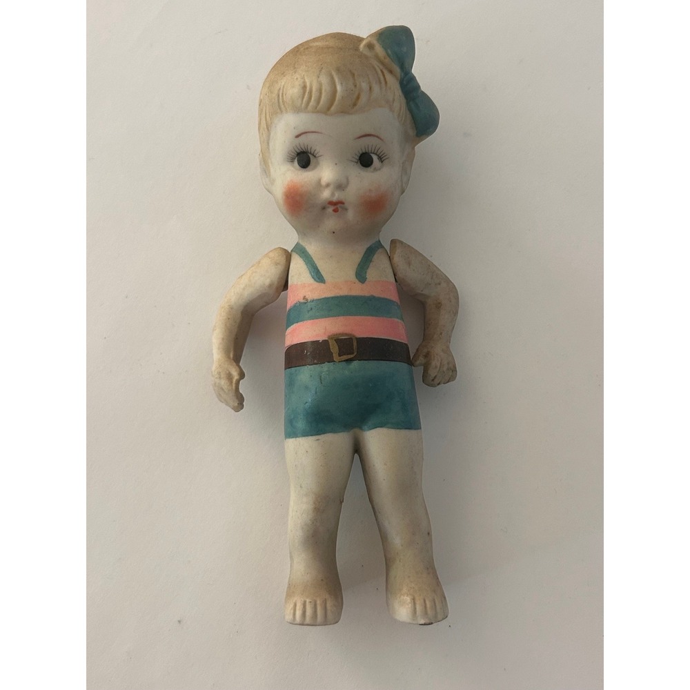 Vintage Kewpie Porcelain Bisque Jointed Pink Blue Bow‎ Swimsuit Doll Japan